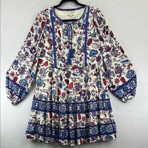 Penelope Rose Women’s Dress Sz M Cream/Blue/Red Rayon Tiered Skirt Boho EUC